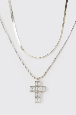 Iced Cross Pendant Double Chain Necklace In Silver | BoohooMAN UK