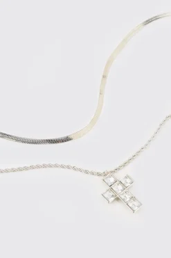 Iced Cross Pendant Double Chain Necklace In Silver | BoohooMAN UK