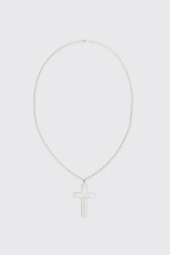 Iced Cross Pendant Necklace In Silver | BoohooMAN UK