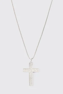 Iced Cross Pendant Necklace In Silver | BoohooMAN UK