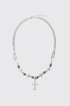 Iced Cross Pendant Pearl Necklace | BoohooMAN UK