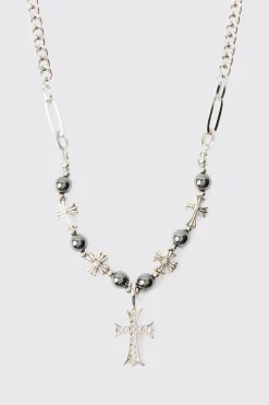 Iced Cross Pendant Pearl Necklace | BoohooMAN UK