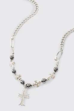 Iced Cross Pendant Pearl Necklace | BoohooMAN UK
