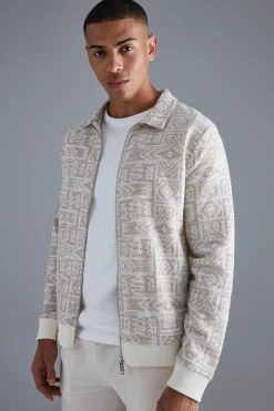Jacquard Aztec Harrington Jacket | BoohooMAN UK