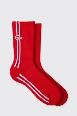 Jacquard BM Sports Stripe Sock In Red | BoohooMAN UK