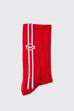 Jacquard BM Sports Stripe Sock In Red | BoohooMAN UK