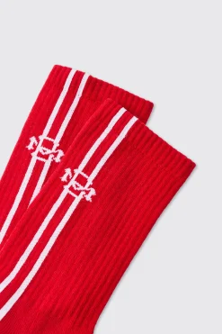 Jacquard BM Sports Stripe Sock In Red | BoohooMAN UK