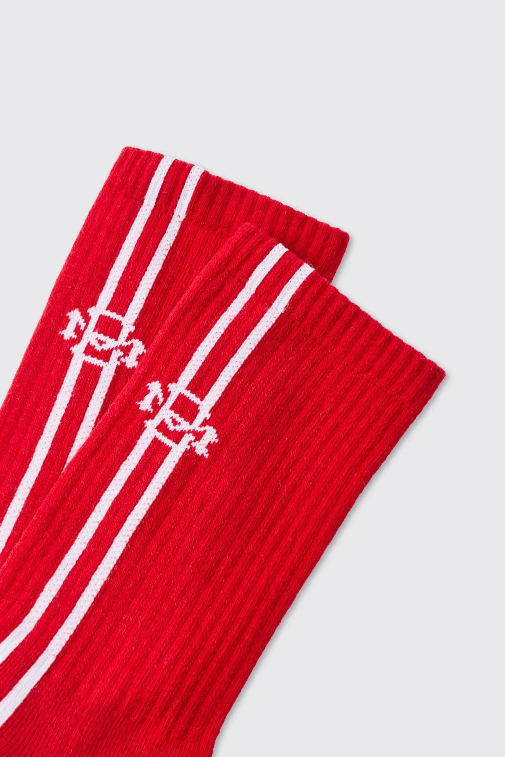 Jacquard BM Sports Stripe Sock In Red | BoohooMAN UK