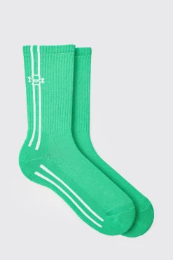 Jacquard BM Sports Stripe Sock In Green | BoohooMAN UK