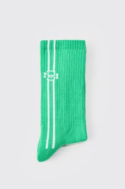 Jacquard BM Sports Stripe Sock In Green | BoohooMAN UK