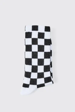 Jacquard Checkerboard Socks In Black | BoohooMAN UK
