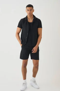 Jacquard Woven Shirt & Short Set | BoohooMAN UK
