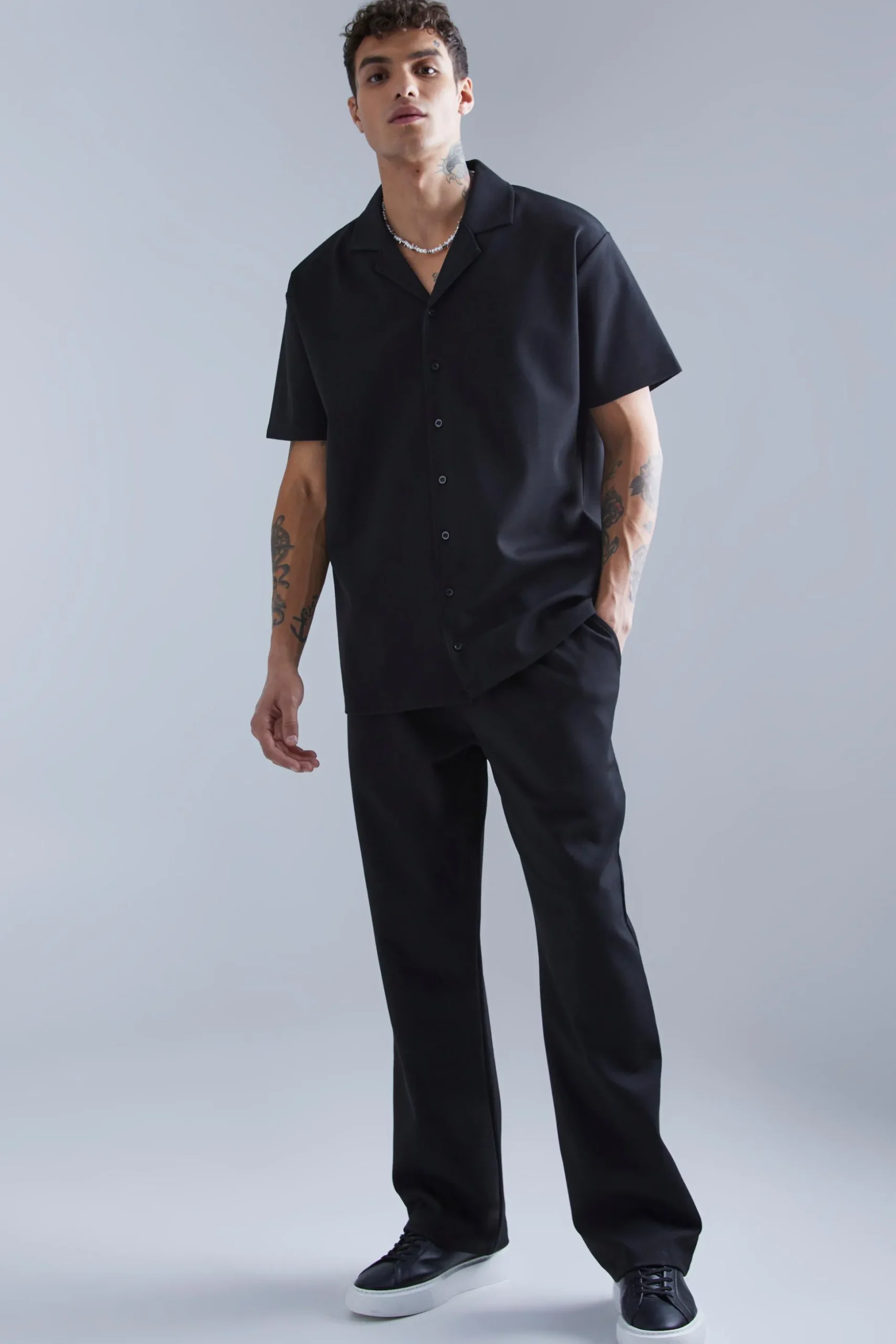 Jersey Revere Shirt And Trouser Set | BoohooMAN UK