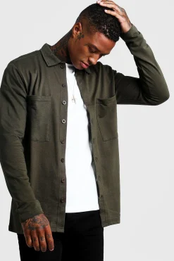 Jersey Utility Button Through Overshirt | BoohooMAN UK