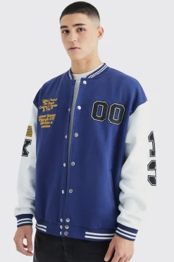 Jersey Varsity Bomber Jacket With Badges | BoohooMAN UK