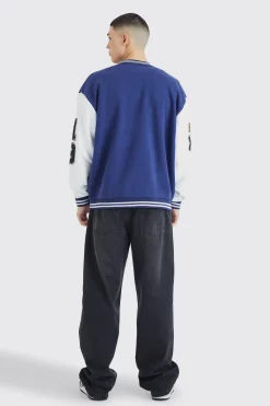 Jersey Varsity Bomber Jacket With Badges | BoohooMAN UK