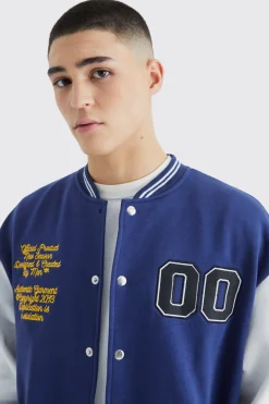 Jersey Varsity Bomber Jacket With Badges | BoohooMAN UK