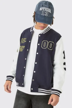 Jersey Varsity Bomber Jacket With Badges | BoohooMAN UK