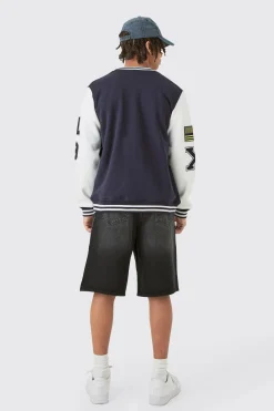 Jersey Varsity Bomber Jacket With Badges | BoohooMAN UK