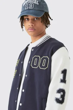 Jersey Varsity Bomber Jacket With Badges | BoohooMAN UK