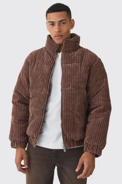 Jumbo Cord Funnel Neck Puffer Coat In Chocolate | BoohooMAN UK