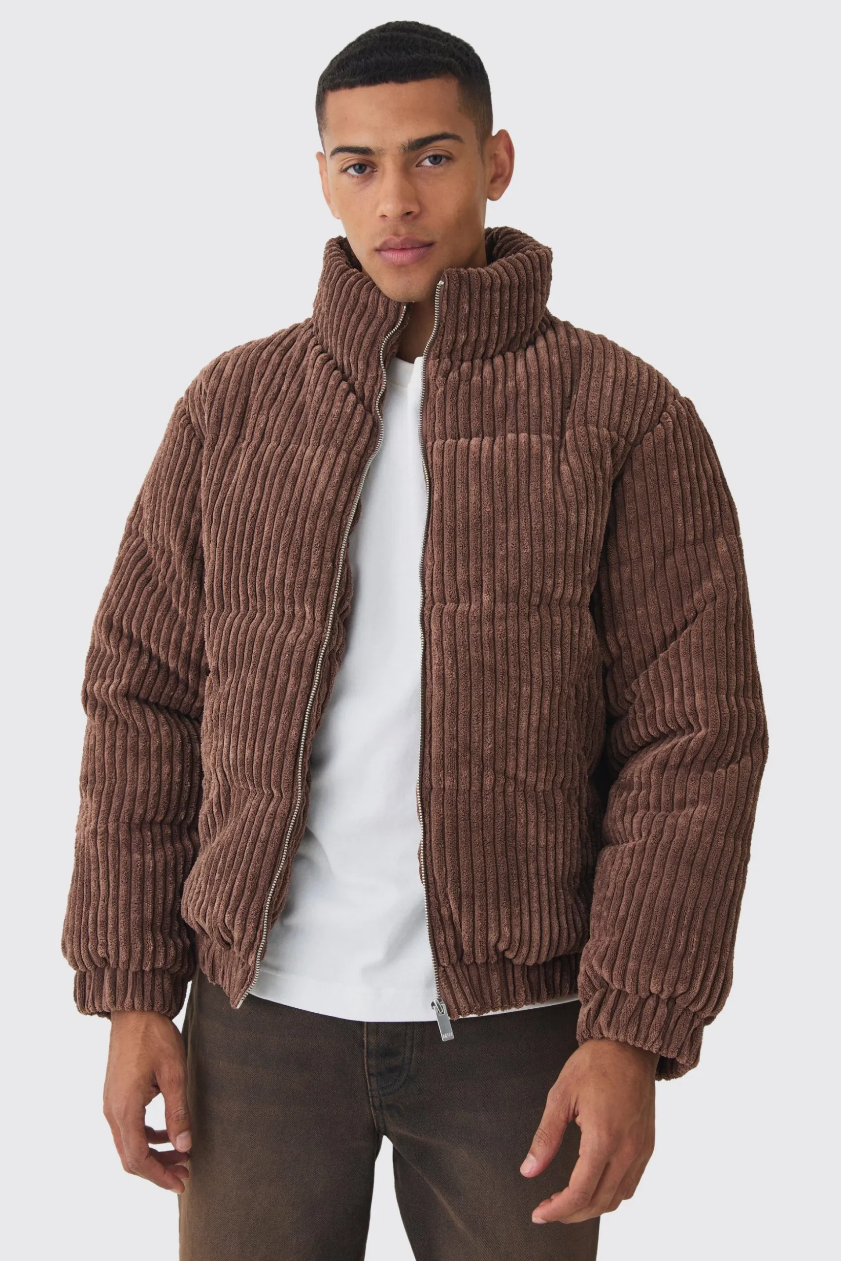 Jumbo Cord Funnel Neck Puffer Coat In Chocolate | BoohooMAN UK