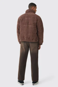 Jumbo Cord Funnel Neck Puffer Coat In Chocolate | BoohooMAN UK