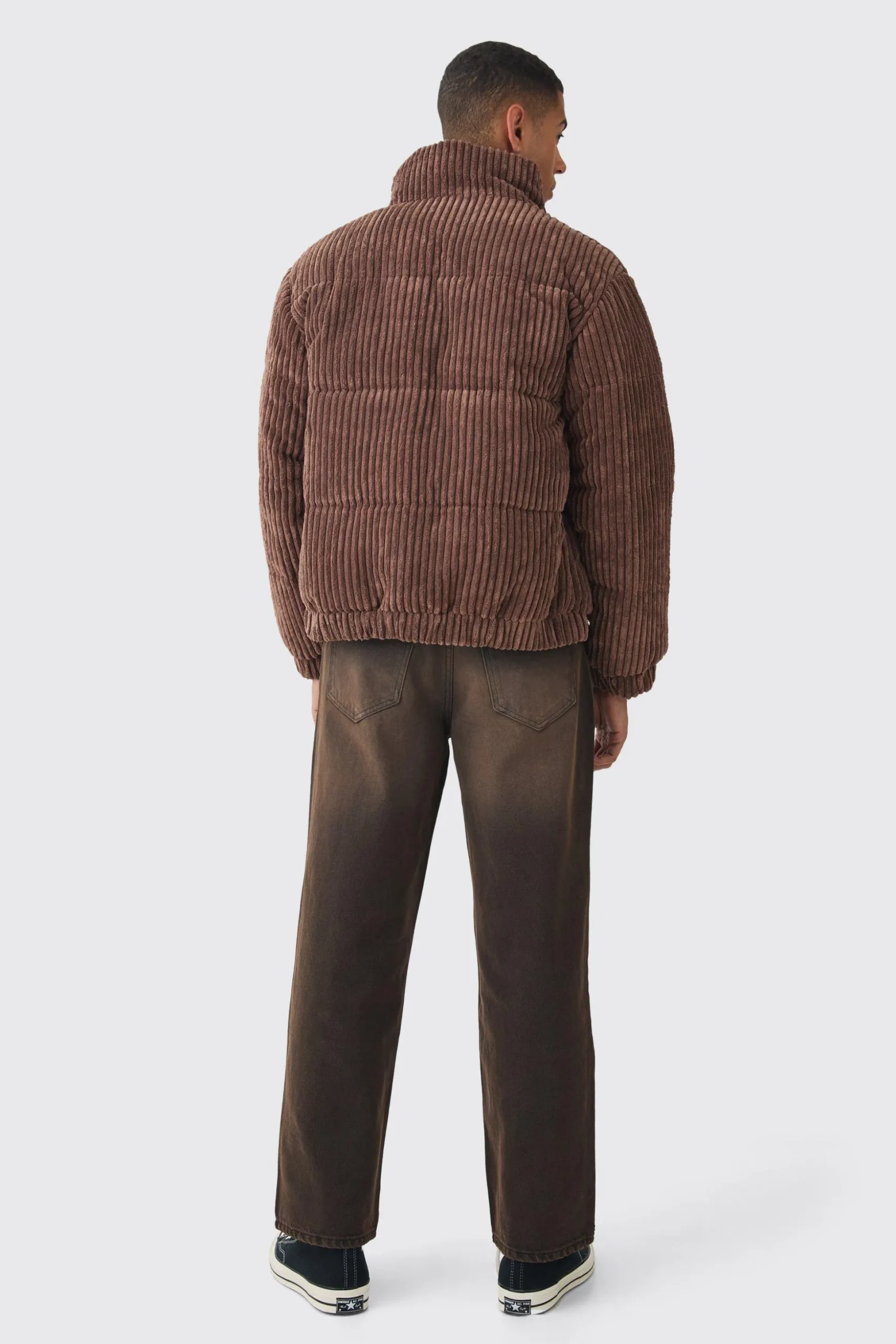 Jumbo Cord Funnel Neck Puffer Coat In Chocolate | BoohooMAN UK