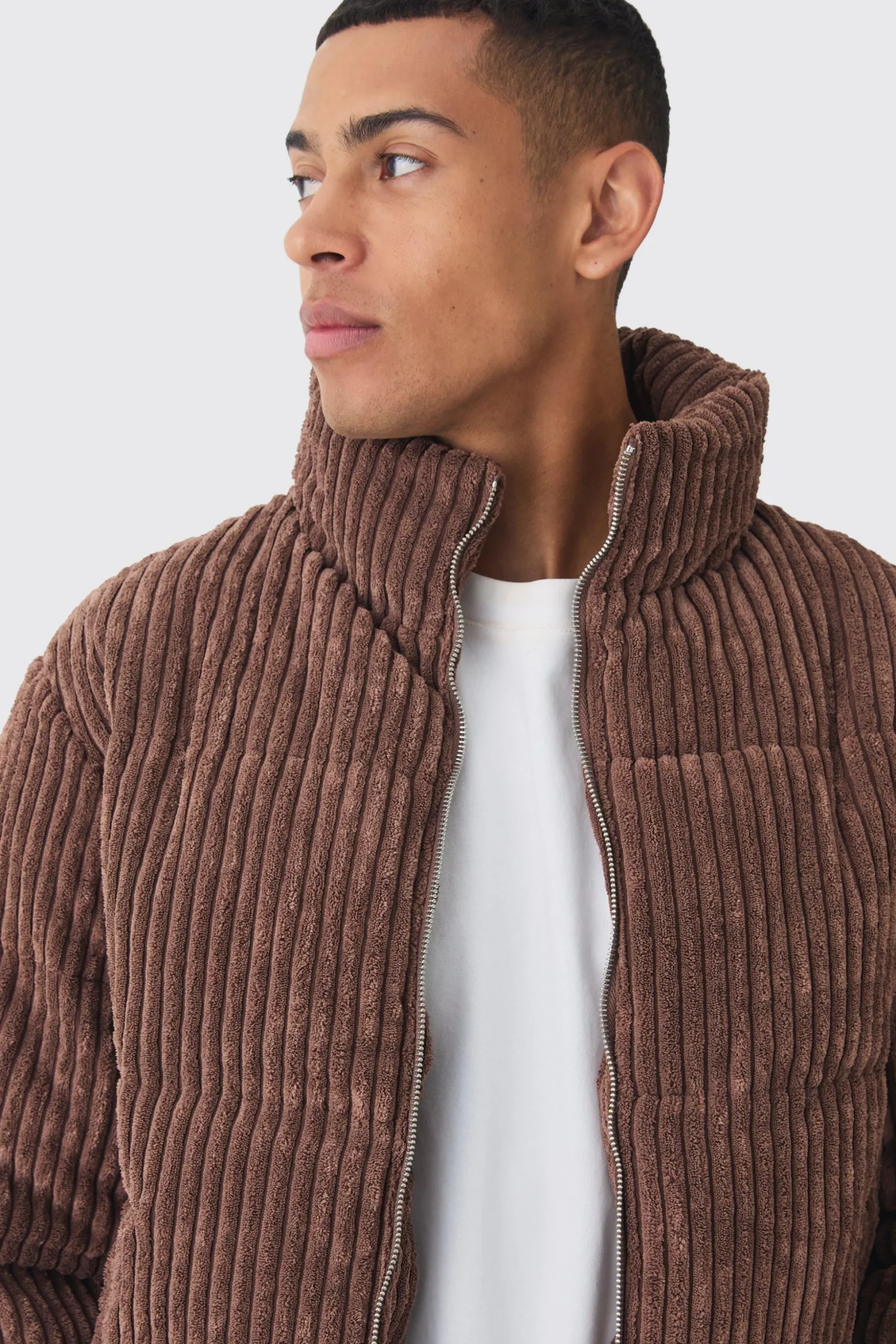 Jumbo Cord Funnel Neck Puffer Coat In Chocolate | BoohooMAN UK