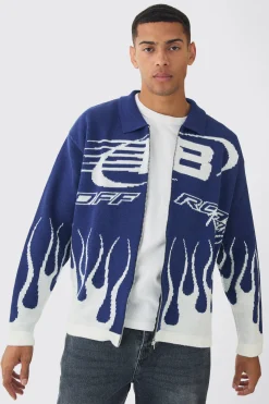 Knitted Moto Bomber Jacket In Blue | BoohooMAN UK