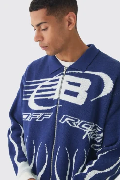Knitted Moto Bomber Jacket In Blue | BoohooMAN UK