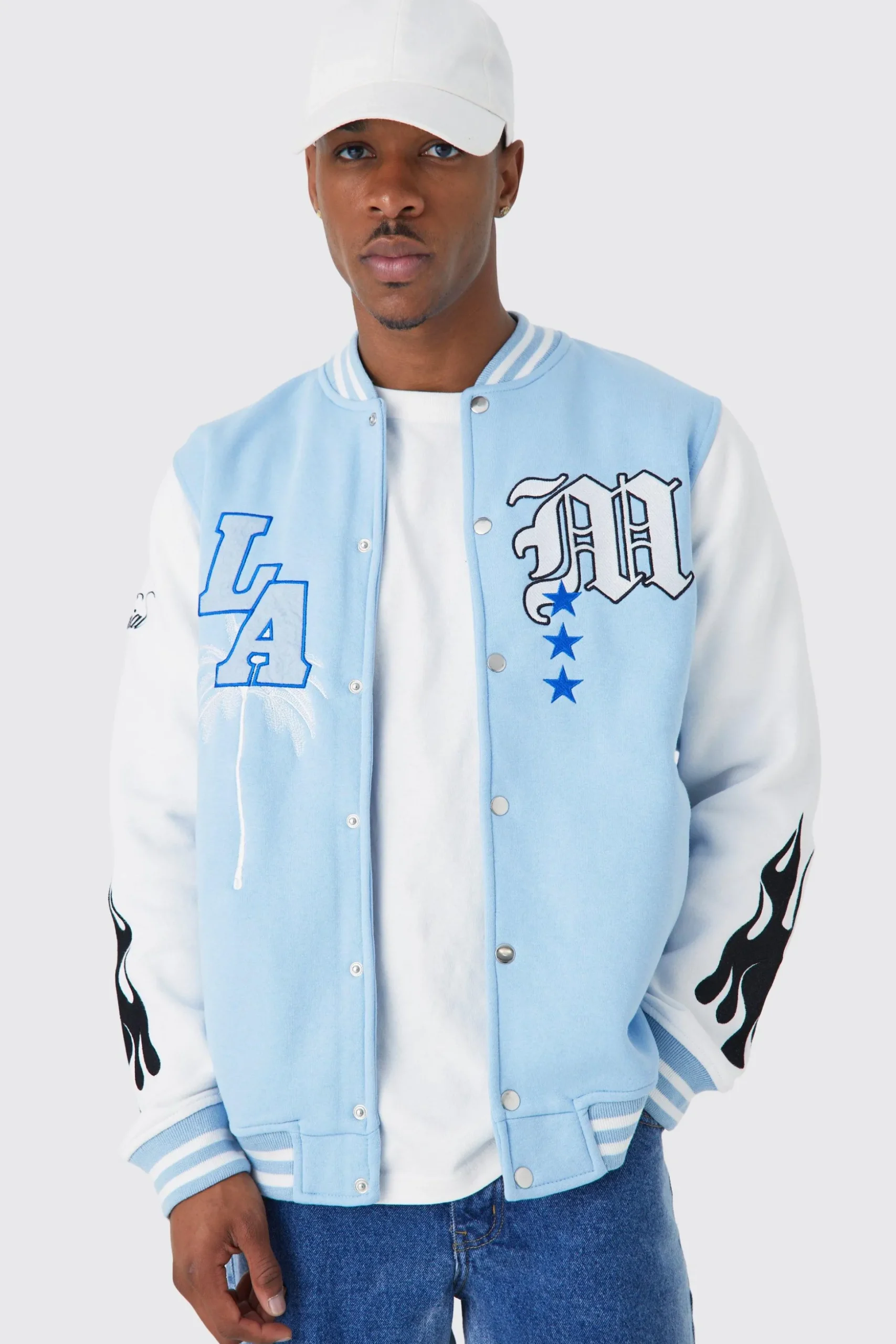 La Badge Jersey Varsity Bomber Jacket | BoohooMAN UK