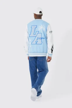 La Badge Jersey Varsity Bomber Jacket | BoohooMAN UK