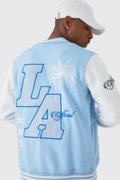 La Badge Jersey Varsity Bomber Jacket | BoohooMAN UK