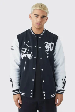 La Badge Jersey Varsity Bomber Jacket | BoohooMAN UK