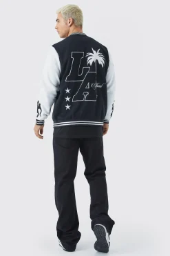 La Badge Jersey Varsity Bomber Jacket | BoohooMAN UK