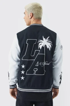 La Badge Jersey Varsity Bomber Jacket | BoohooMAN UK