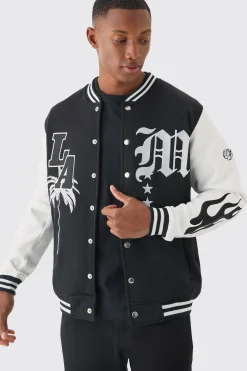 LA Badge Jersey Varsity Bomber Jacket | BoohooMAN UK