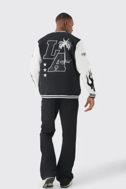LA Badge Jersey Varsity Bomber Jacket | BoohooMAN UK