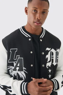 LA Badge Jersey Varsity Bomber Jacket | BoohooMAN UK