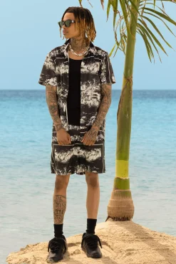 Landscape Satin Short Sleeve Shirt & Short Set | BoohooMAN UK
