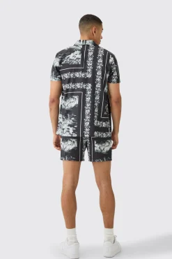 Landscape Satin Short Sleeve Shirt & Short Set | BoohooMAN UK