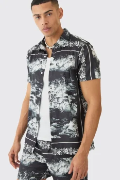 Landscape Satin Short Sleeve Shirt & Short Set | BoohooMAN UK