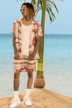 Landscape Satin Short Sleeve Shirt & Short Set | BoohooMAN UK