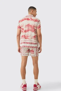 Landscape Satin Short Sleeve Shirt & Short Set | BoohooMAN UK