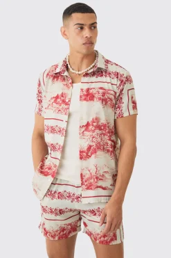 Landscape Satin Short Sleeve Shirt & Short Set | BoohooMAN UK