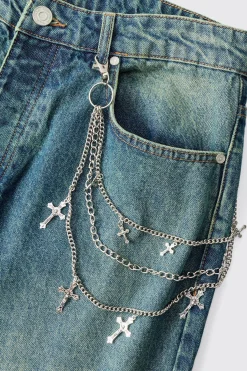 Layered Cross Jean Chain In Silver | BoohooMAN UK