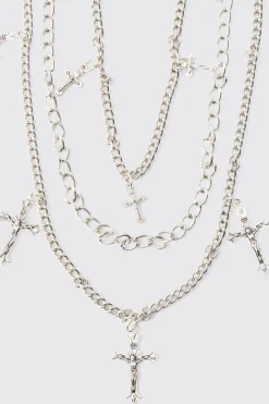 Layered Cross Jean Chain In Silver | BoohooMAN UK
