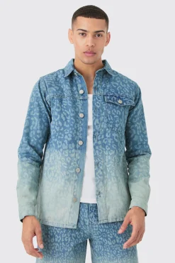 Leopard Print Denim Overshirt In Light Blue | BoohooMAN UK