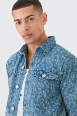 Leopard Print Denim Overshirt In Light Blue | BoohooMAN UK